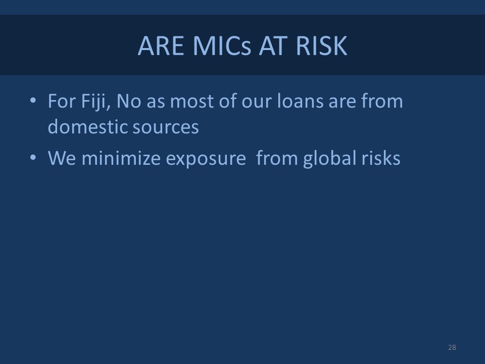 ARE MICs AT RISK For Fiji, No as most of our loans are from domestic sources We minimize exposure from global risks 28