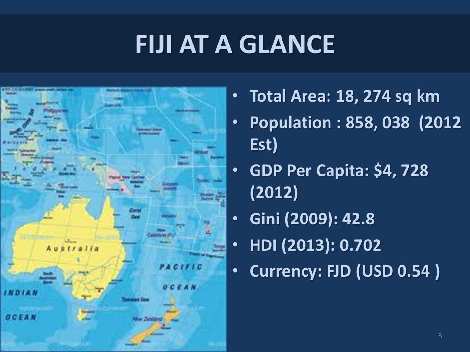 FIJI AT A GLANCE Total Area: 18, 274 sq km Total Area: 18, 274 sq km Population : 858, 038 (2012 Est) Population : 858, 038 (2012 Est) GDP Per Capita: $4, 728 (2012) GDP Per Capita: $4, 728 (2012) Gini (2009): 42.8 Gini (2009): 42.8 HDI (2013): HDI (2013): Currency: FJD (USD 0.54 ) Currency: FJD (USD 0.54 ) 3
