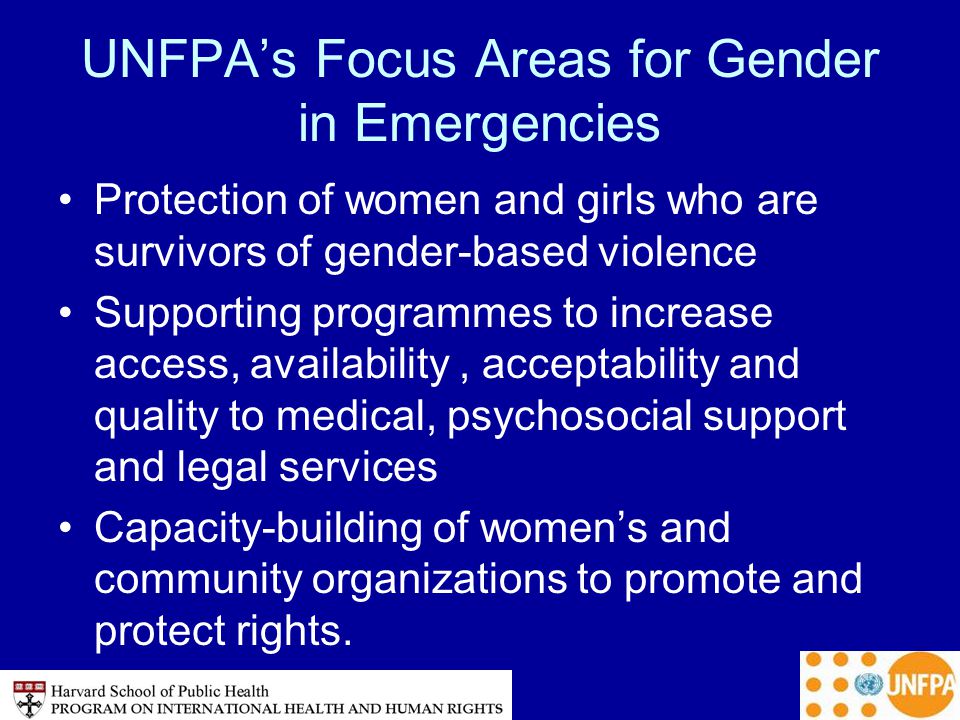 UNFPA’s Focus Areas for Gender in Emergencies Protection of women and girls who are survivors of gender-based violence Supporting programmes to increase access, availability, acceptability and quality to medical, psychosocial support and legal services Capacity-building of women’s and community organizations to promote and protect rights.
