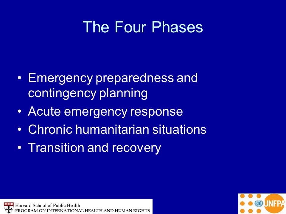 The Four Phases Emergency preparedness and contingency planning Acute emergency response Chronic humanitarian situations Transition and recovery