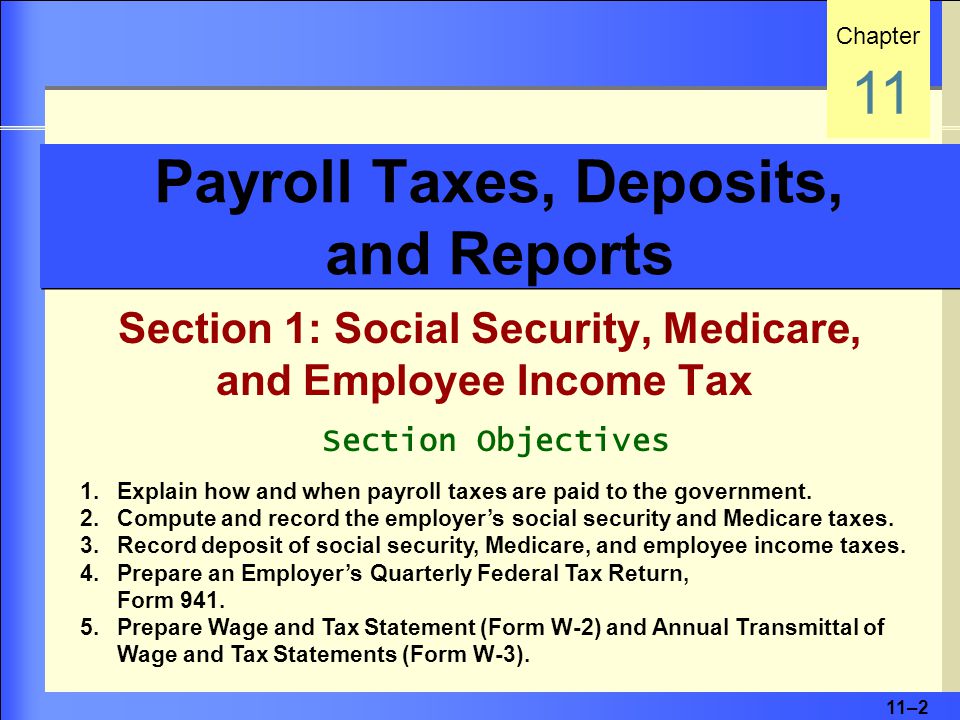 11–2 Payroll Taxes, Deposits, and Reports Section 1: Social Security, Medicare, and Employee Income Tax Chapter 11 Section Objectives 1.Explain how and when payroll taxes are paid to the government.