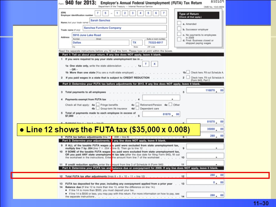 11–30 Line 12 shows the FUTA tax ($35,000 x 0.008)
