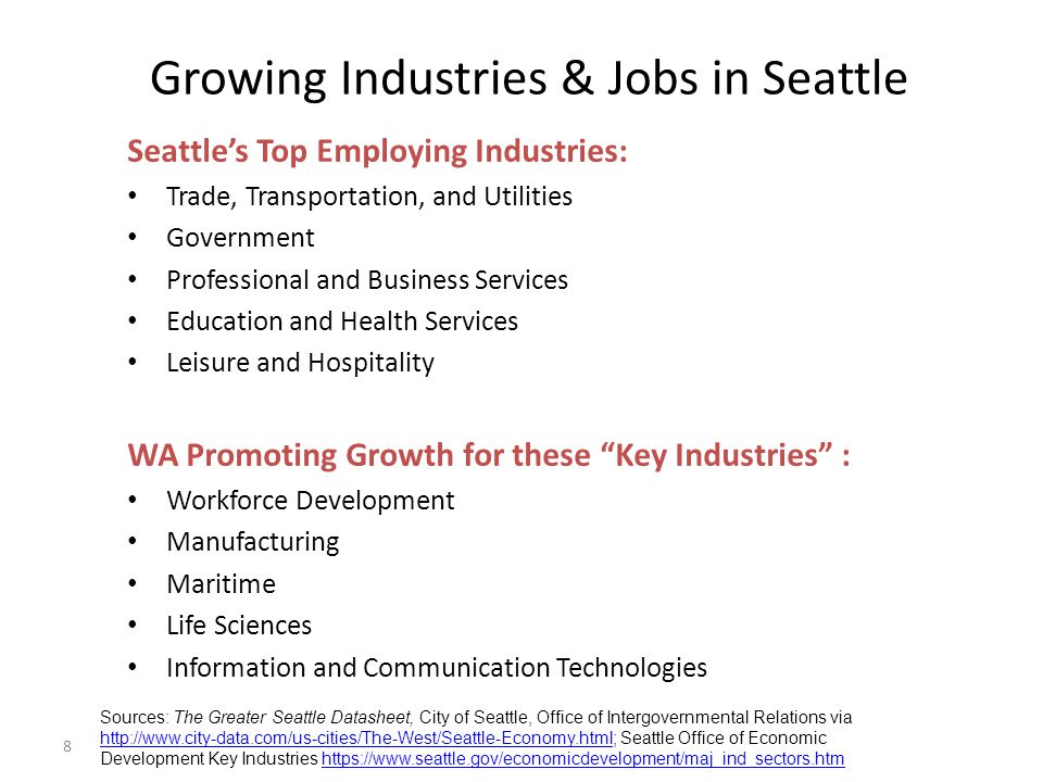 Seattle’s Top Employing Industries: Trade, Transportation, and Utilities Government Professional and Business Services Education and Health Services Leisure and Hospitality WA Promoting Growth for these Key Industries : Workforce Development Manufacturing Maritime Life Sciences Information and Communication Technologies Growing Industries & Jobs in Seattle 8 Sources: The Greater Seattle Datasheet, City of Seattle, Office of Intergovernmental Relations via   Seattle Office of Economic Development Key Industries