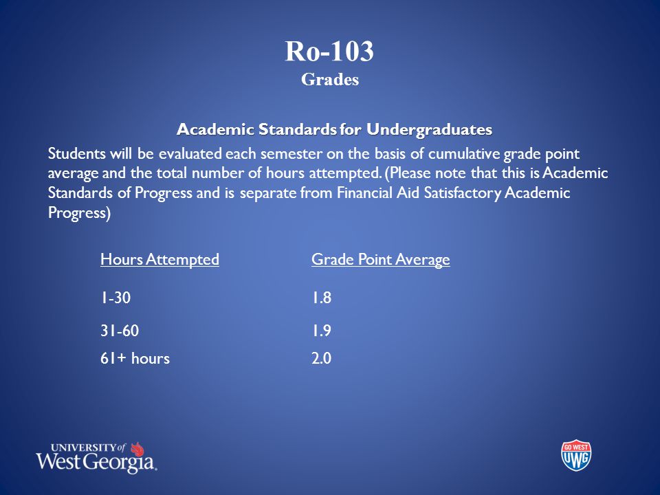 Ro-103 Grades Academic Standards for Undergraduates Students will be evaluated each semester on the basis of cumulative grade point average and the total number of hours attempted.