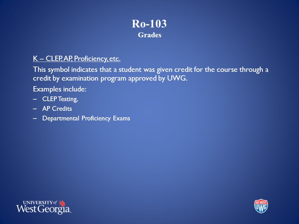 Ro-103 Grades K – CLEP, AP, Proficiency, etc.