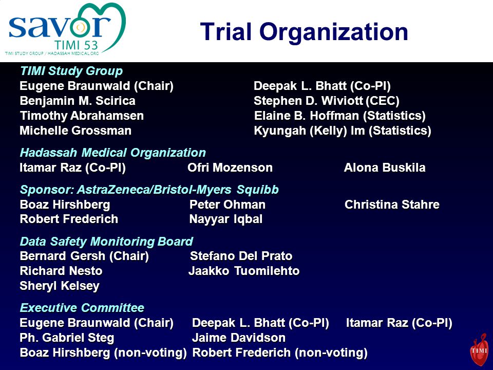 TIMI STUDY GROUP / HADASSAH MEDICAL ORG Trial Organization TIMI Study Group Eugene Braunwald (Chair) Deepak L.