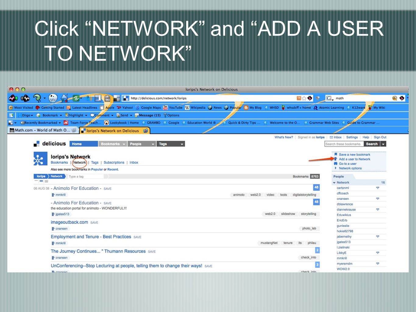 Click NETWORK and ADD A USER TO NETWORK