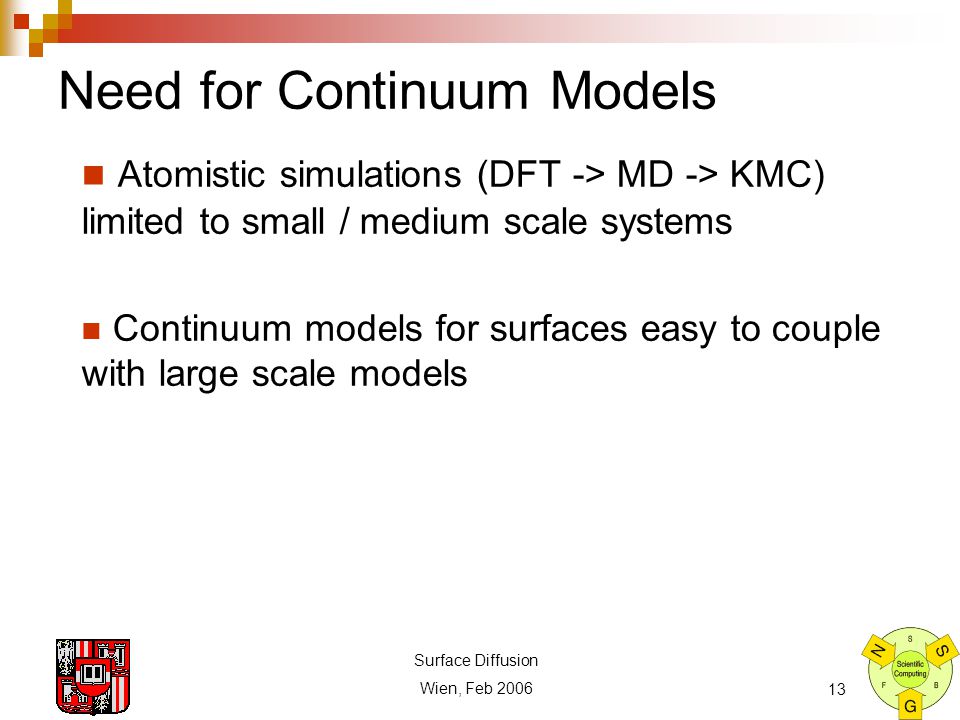 Surface Diffusion Wien, Feb Atomistic simulations (DFT -> MD -> KMC) limited to small / medium scale systems Continuum models for surfaces easy to couple with large scale models Need for Continuum Models