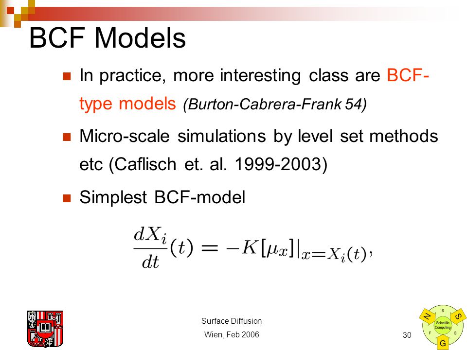 Surface Diffusion Wien, Feb BCF Models In practice, more interesting class are BCF- type models (Burton-Cabrera-Frank 54) Micro-scale simulations by level set methods etc (Caflisch et.