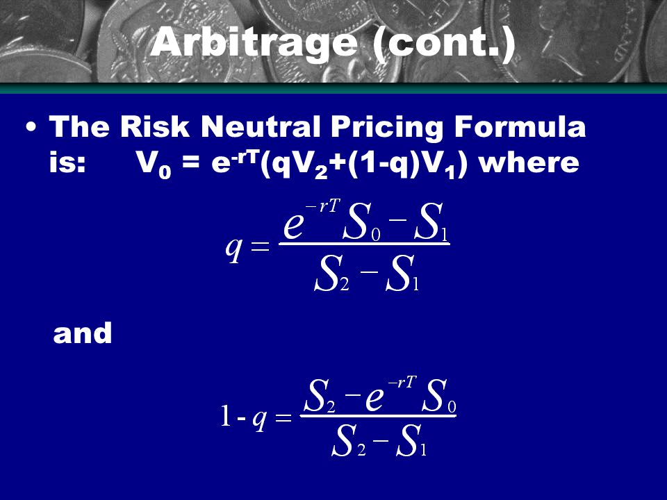 The Risk Neutral Pricing Formula is: V 0 = e -rT (qV 2 +(1-q)V 1 ) where and Arbitrage (cont.)