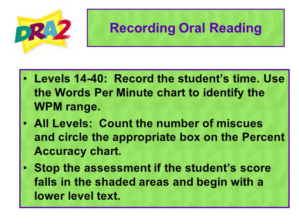 Recording Oral Reading Levels 14-40: Record the student’s time.