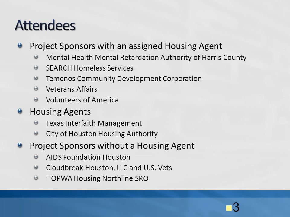 Project Sponsors with an assigned Housing Agent Mental Health Mental Retardation Authority of Harris County SEARCH Homeless Services Temenos Community Development Corporation Veterans Affairs Volunteers of America Housing Agents Texas Interfaith Management City of Houston Housing Authority Project Sponsors without a Housing Agent AIDS Foundation Houston Cloudbreak Houston, LLC and U.S.