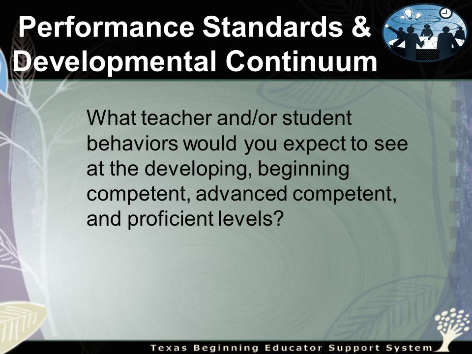 Performance Standards & Developmental Continuum What teacher and/or student behaviors would you expect to see at the developing, beginning competent, advanced competent, and proficient levels