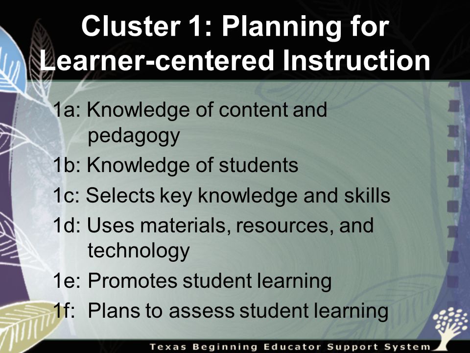 Cluster 1: Planning for Learner-centered Instruction 1a: Knowledge of content and pedagogy 1b: Knowledge of students 1c: Selects key knowledge and skills 1d: Uses materials, resources, and technology 1e: Promotes student learning 1f: Plans to assess student learning