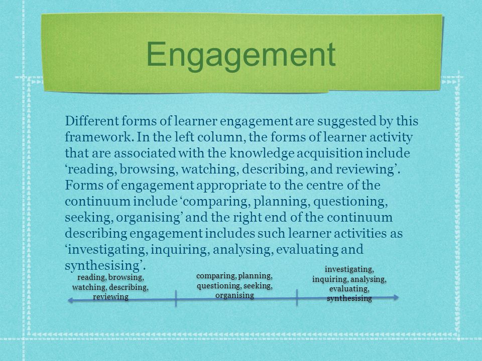 Engagement Different forms of learner engagement are suggested by this framework.