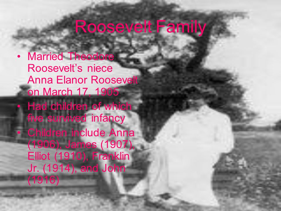 Roosevelt Family Married Theodore Roosevelt’s niece Anna Elanor Roosevelt on March 17, 1905 Had children of which five survived infancy Children include Anna (1906), James (1907), Elliot (1910), Franklin Jr.