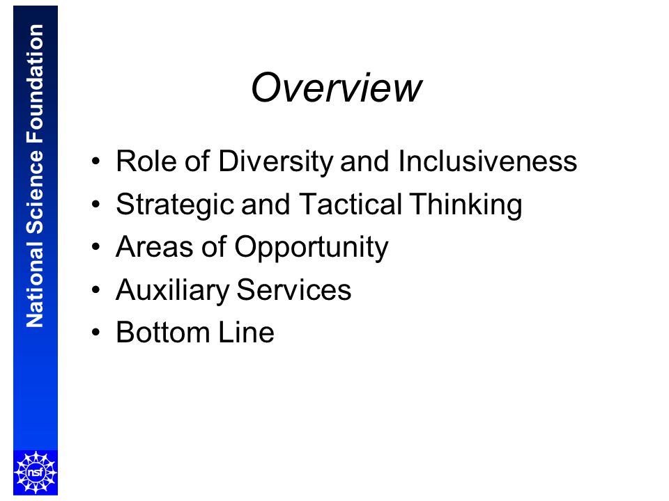 Overview Role of Diversity and Inclusiveness Strategic and Tactical Thinking Areas of Opportunity Auxiliary Services Bottom Line