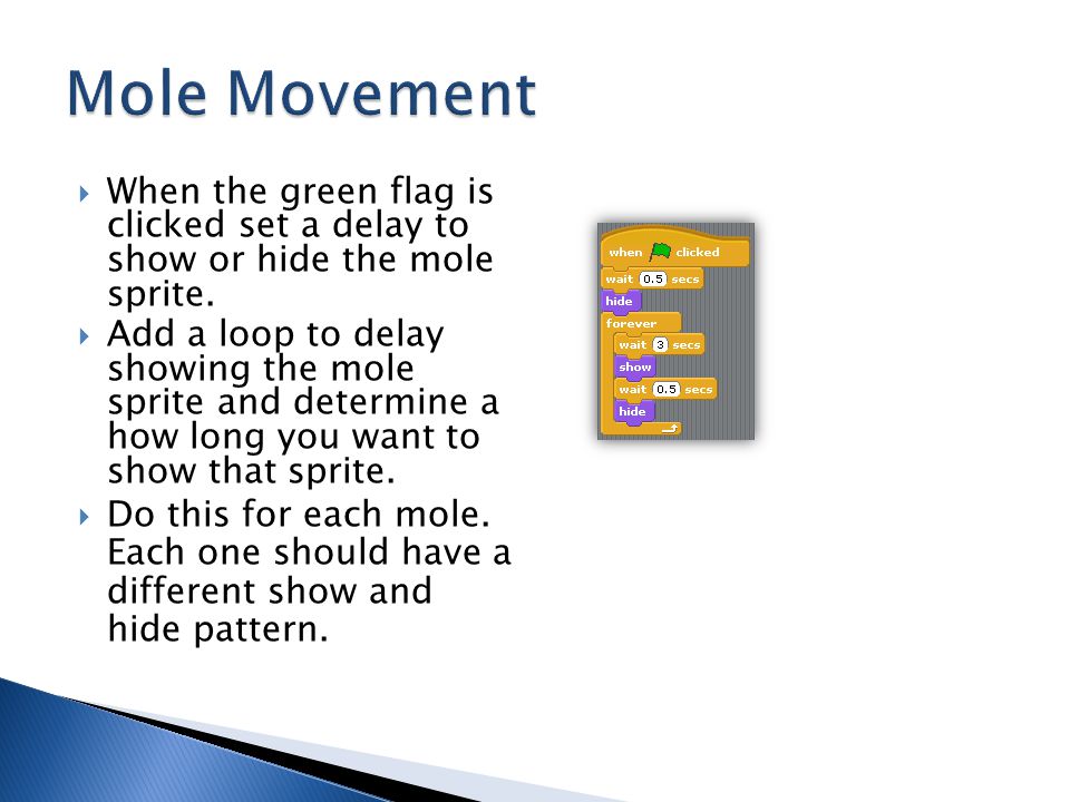  When the green flag is clicked set a delay to show or hide the mole sprite.