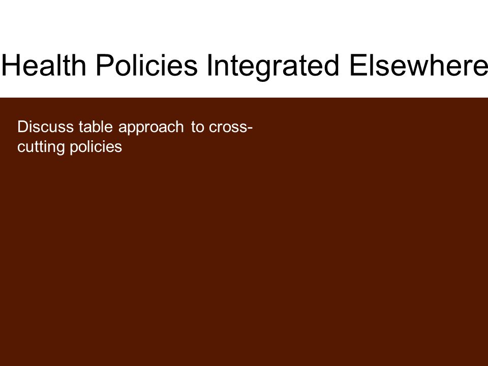 Health Policies Integrated Elsewhere Discuss table approach to cross- cutting policies