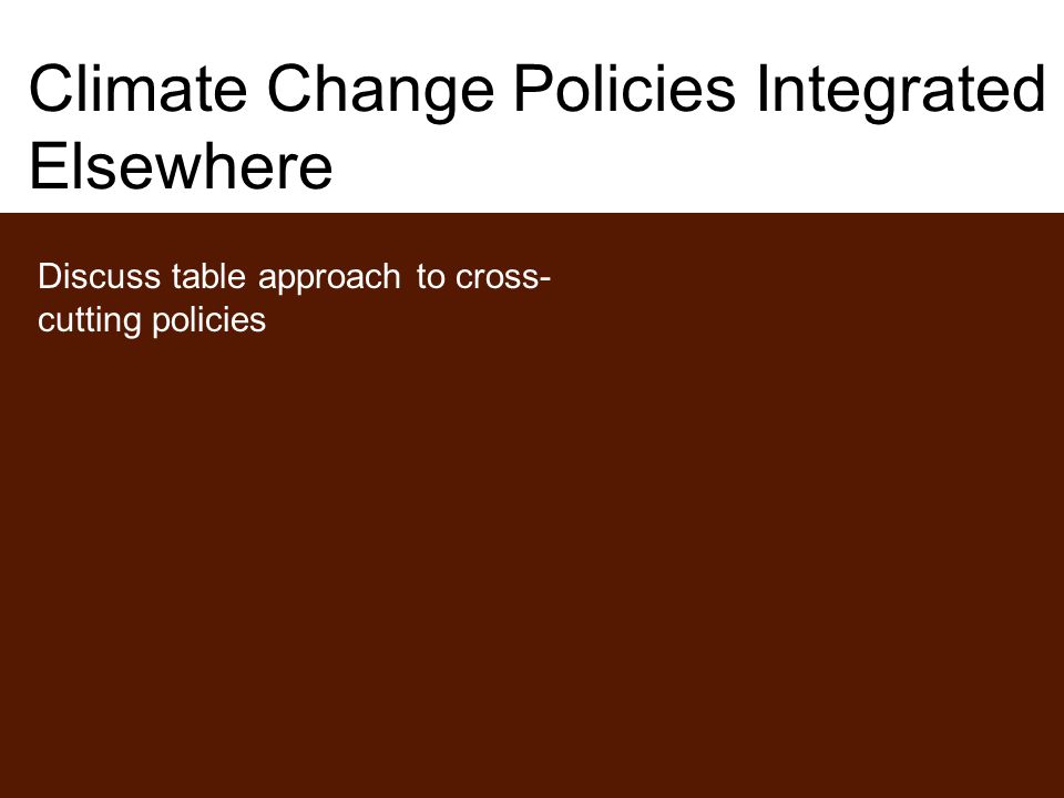 Climate Change Policies Integrated Elsewhere Discuss table approach to cross- cutting policies