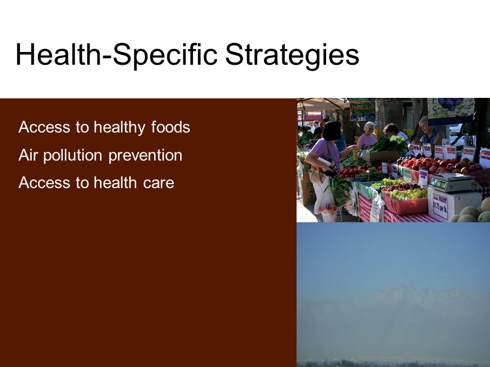 Health-Specific Strategies Access to healthy foods Air pollution prevention Access to health care