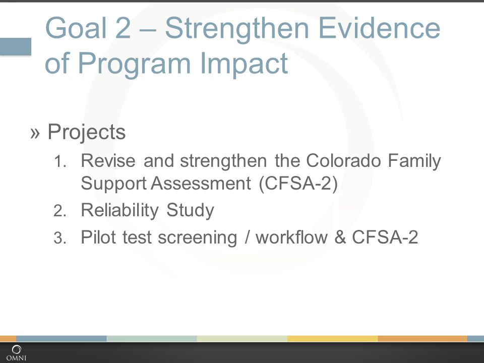Goal 2 – Strengthen Evidence of Program Impact  Projects 1.