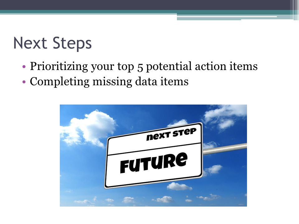 Next Steps Prioritizing your top 5 potential action items Completing missing data items