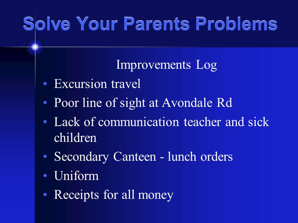 Solve Your Parents Problems Improvements Log Excursion travel Poor line of sight at Avondale Rd Lack of communication teacher and sick children Secondary Canteen - lunch orders Uniform Receipts for all money