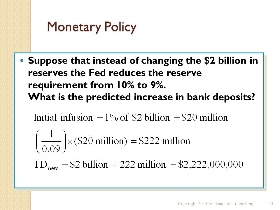 Monetary Policy Suppose that instead of changing the $2 billion in reserves the Fed reduces the reserve requirement from 10% to 9%.