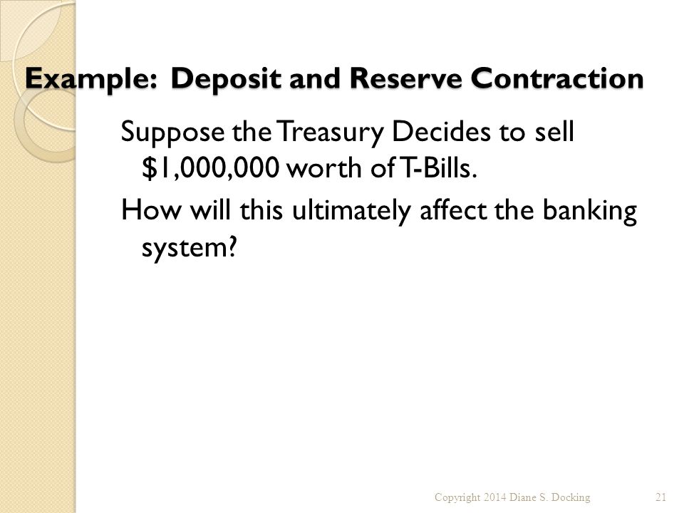 Example: Deposit and Reserve Contraction Suppose the Treasury Decides to sell $1,000,000 worth of T-Bills.
