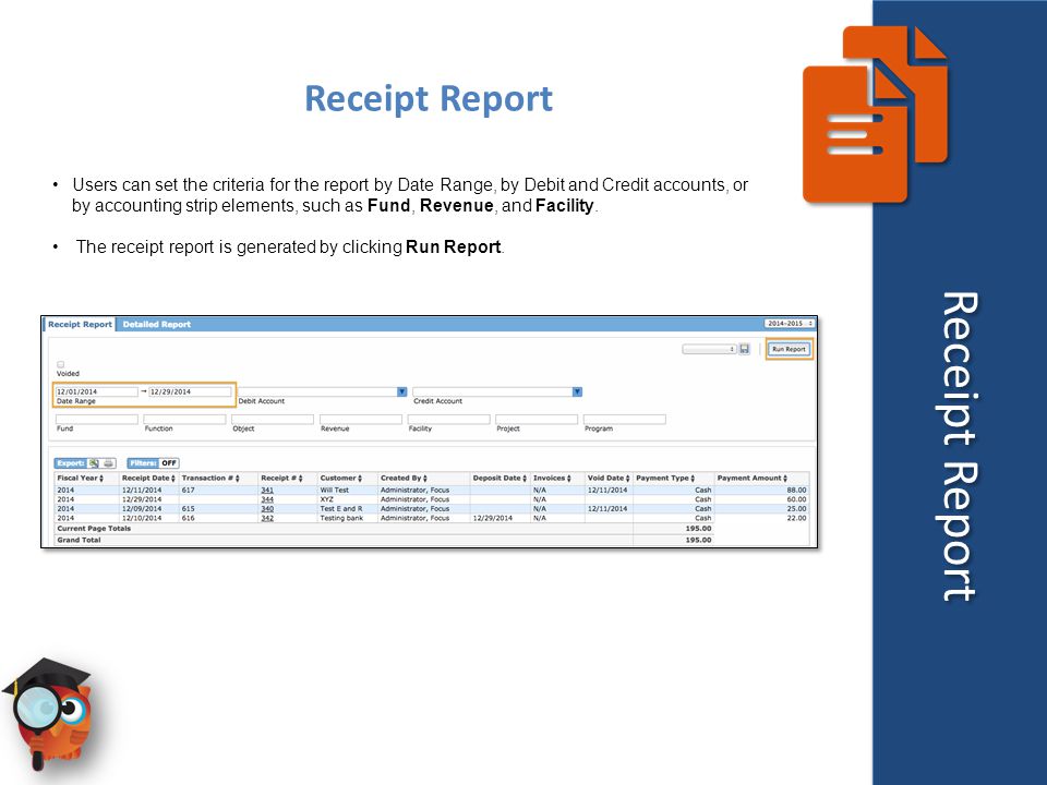 Users can set the criteria for the report by Date Range, by Debit and Credit accounts, or by accounting strip elements, such as Fund, Revenue, and Facility.