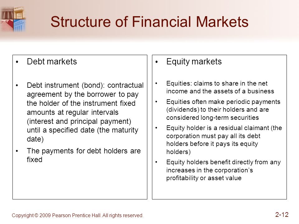 Structure of Financial Markets Debt markets Debt instrument (bond): contractual agreement by the borrower to pay the holder of the instrument fixed amounts at regular intervals (interest and principal payment) until a specified date (the maturity date) The payments for debt holders are fixed Equity markets Equities: claims to share in the net income and the assets of a business Equities often make periodic payments (dividends) to their holders and are considered long-term securities Equity holder is a residual claimant (the corporation must pay all its debt holders before it pays its equity holders) Equity holders benefit directly from any increases in the corporation’s profitability or asset value Copyright © 2009 Pearson Prentice Hall.