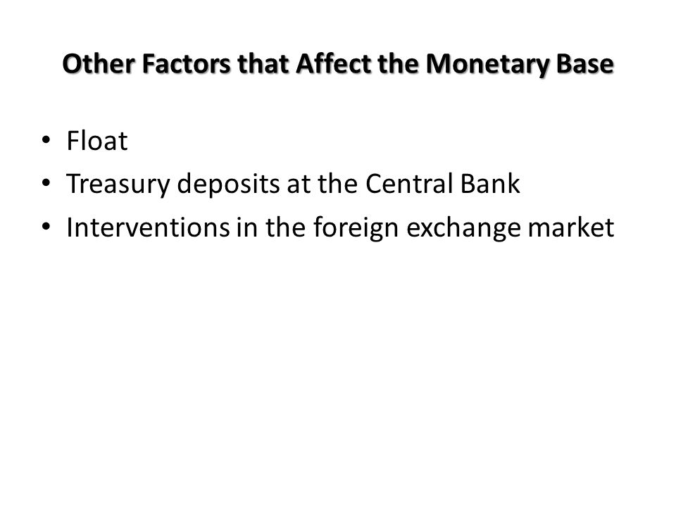Other Factors that Affect the Monetary Base Float Treasury deposits at the Central Bank Interventions in the foreign exchange market