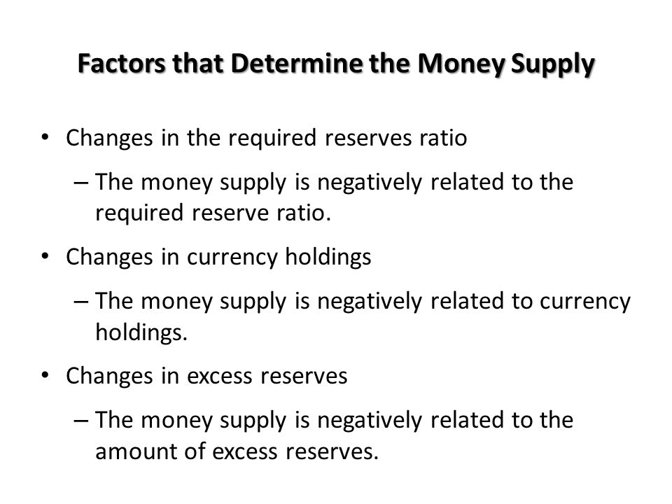 Factors that Determine the Money Supply Changes in the required reserves ratio – The money supply is negatively related to the required reserve ratio.