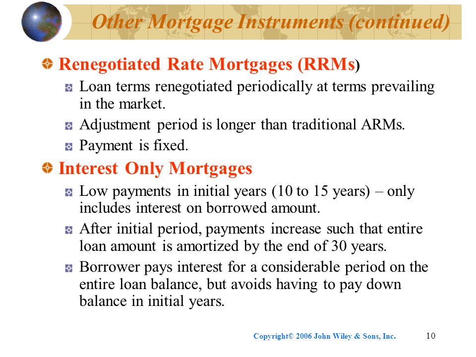 Copyright© 2006 John Wiley & Sons, Inc.10 Other Mortgage Instruments (continued) Renegotiated Rate Mortgages (RRMs ) Loan terms renegotiated periodically at terms prevailing in the market.