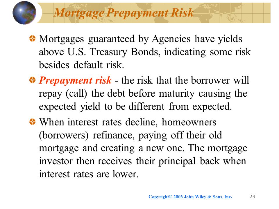 Copyright© 2006 John Wiley & Sons, Inc.29 Mortgage Prepayment Risk Mortgages guaranteed by Agencies have yields above U.S.