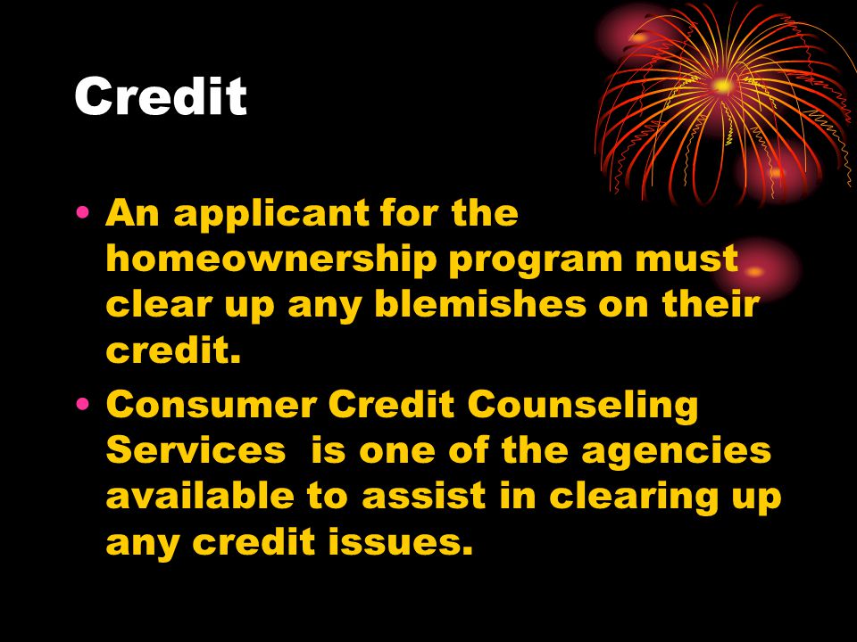 Credit An applicant for the homeownership program must clear up any blemishes on their credit.