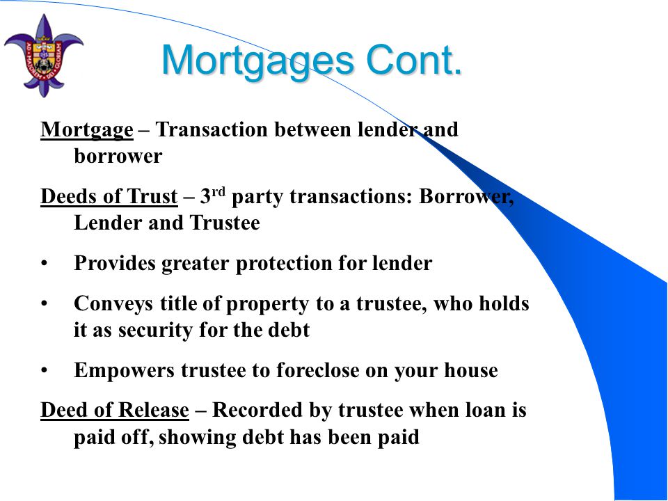 Mortgage – Transaction between lender and borrower Deeds of Trust – 3 rd party transactions: Borrower, Lender and Trustee Provides greater protection for lender Conveys title of property to a trustee, who holds it as security for the debt Empowers trustee to foreclose on your house Deed of Release – Recorded by trustee when loan is paid off, showing debt has been paid Mortgages Cont.