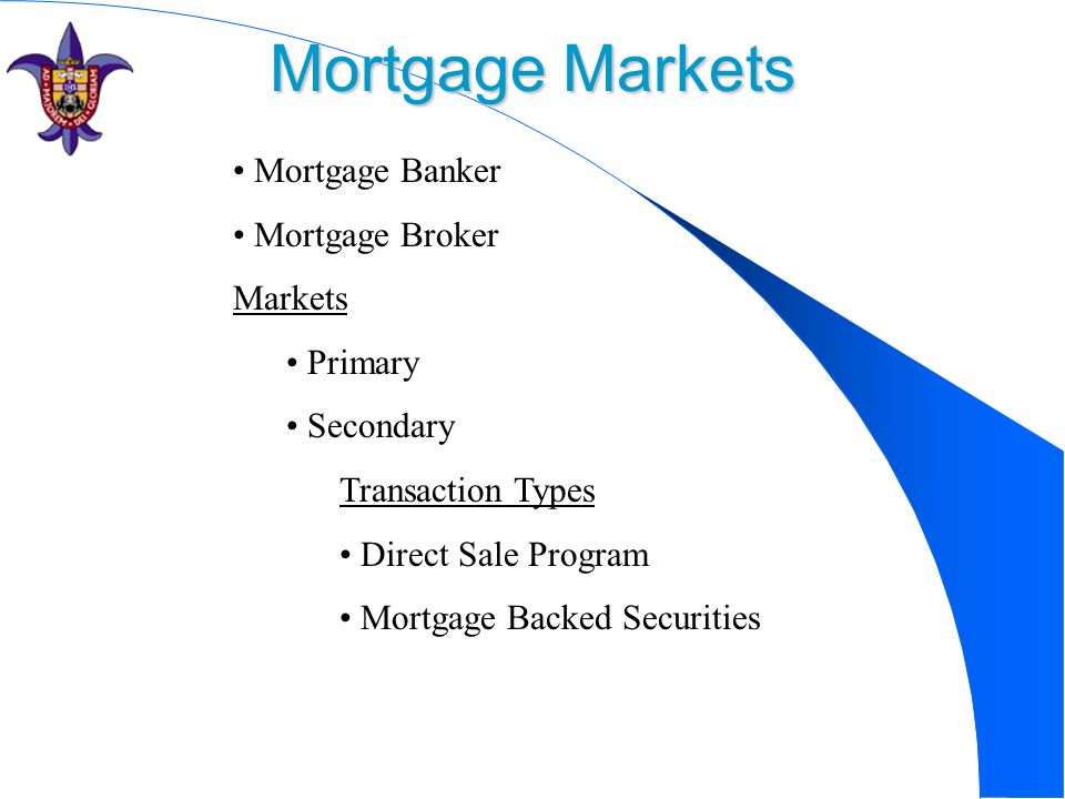 Mortgage Markets Mortgage Banker Mortgage Broker Markets Primary Secondary Transaction Types Direct Sale Program Mortgage Backed Securities