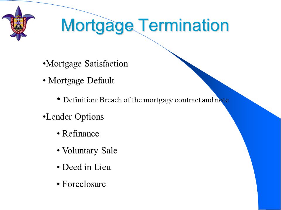 Mortgage Termination Mortgage Satisfaction Mortgage Default Definition: Breach of the mortgage contract and note Lender Options Refinance Voluntary Sale Deed in Lieu Foreclosure