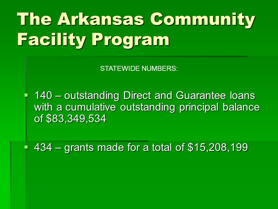 The Arkansas Community Facility Program  140 – outstanding Direct and Guarantee loans with a cumulative outstanding principal balance of $83,349,534  434 – grants made for a total of $15,208,199 STATEWIDE NUMBERS: