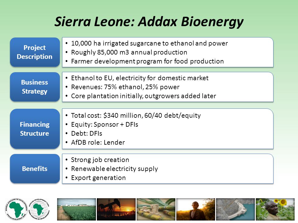 Sierra Leone: Addax Bioenergy Project Description 10,000 ha irrigated sugarcane to ethanol and power Roughly 85,000 m3 annual production Farmer development program for food production 10,000 ha irrigated sugarcane to ethanol and power Roughly 85,000 m3 annual production Farmer development program for food production Business Strategy Ethanol to EU, electricity for domestic market Revenues: 75% ethanol, 25% power Core plantation initially, outgrowers added later Ethanol to EU, electricity for domestic market Revenues: 75% ethanol, 25% power Core plantation initially, outgrowers added later Financing Structure Total cost: $340 million, 60/40 debt/equity Equity: Sponsor + DFIs Debt: DFIs AfDB role: Lender Total cost: $340 million, 60/40 debt/equity Equity: Sponsor + DFIs Debt: DFIs AfDB role: Lender Benefits Strong job creation Renewable electricity supply Export generation Strong job creation Renewable electricity supply Export generation