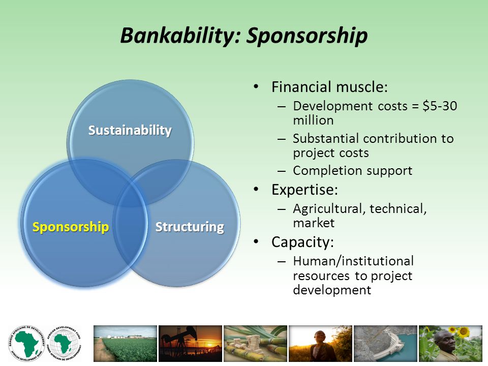 Bankability: Sponsorship Financial muscle: – Development costs = $5-30 million – Substantial contribution to project costs – Completion support Expertise: – Agricultural, technical, market Capacity: – Human/institutional resources to project development Sustainability Structuring
