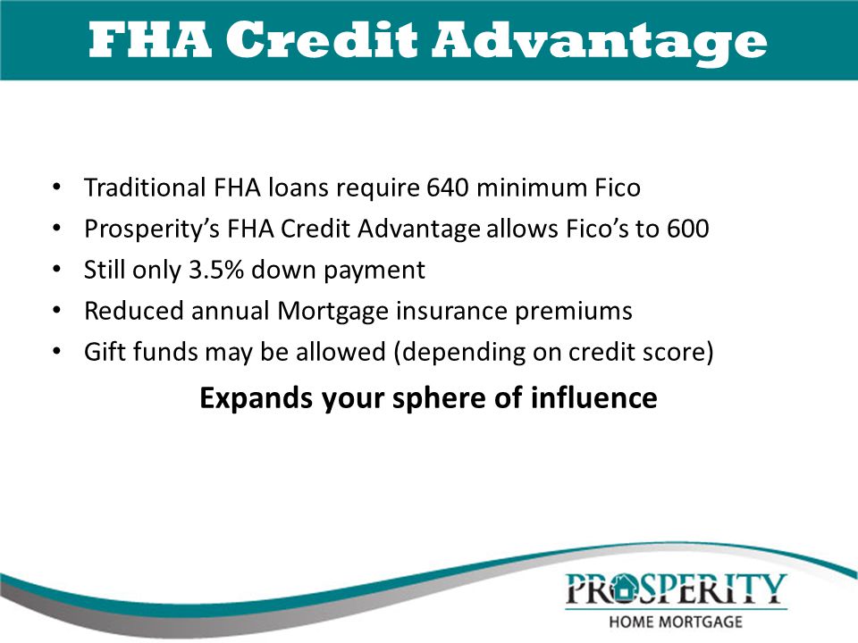 FHA Credit Advantage Traditional FHA loans require 640 minimum Fico Prosperity’s FHA Credit Advantage allows Fico’s to 600 Still only 3.5% down payment Reduced annual Mortgage insurance premiums Gift funds may be allowed (depending on credit score) Expands your sphere of influence