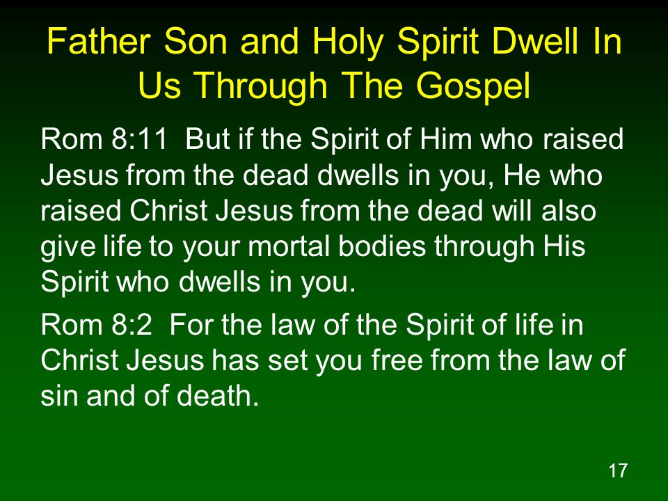 17 Father Son and Holy Spirit Dwell In Us Through The Gospel Rom 8:11 But if the Spirit of Him who raised Jesus from the dead dwells in you, He who raised Christ Jesus from the dead will also give life to your mortal bodies through His Spirit who dwells in you.