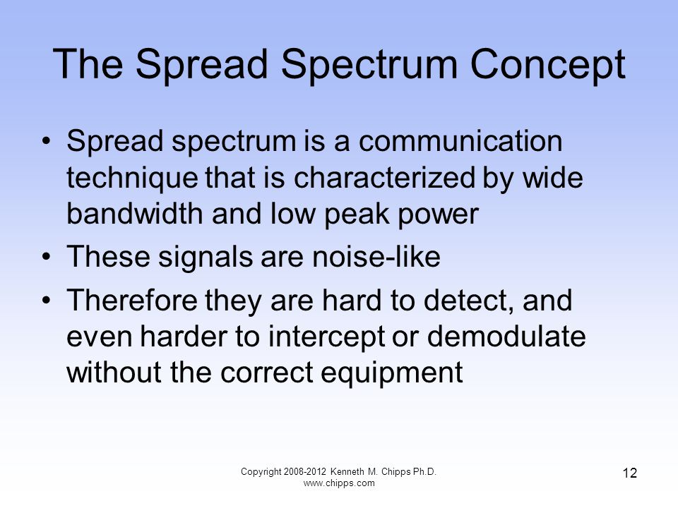 The Spread Spectrum Concept Spread spectrum is a communication technique that is characterized by wide bandwidth and low peak power These signals are noise-like Therefore they are hard to detect, and even harder to intercept or demodulate without the correct equipment Copyright Kenneth M.