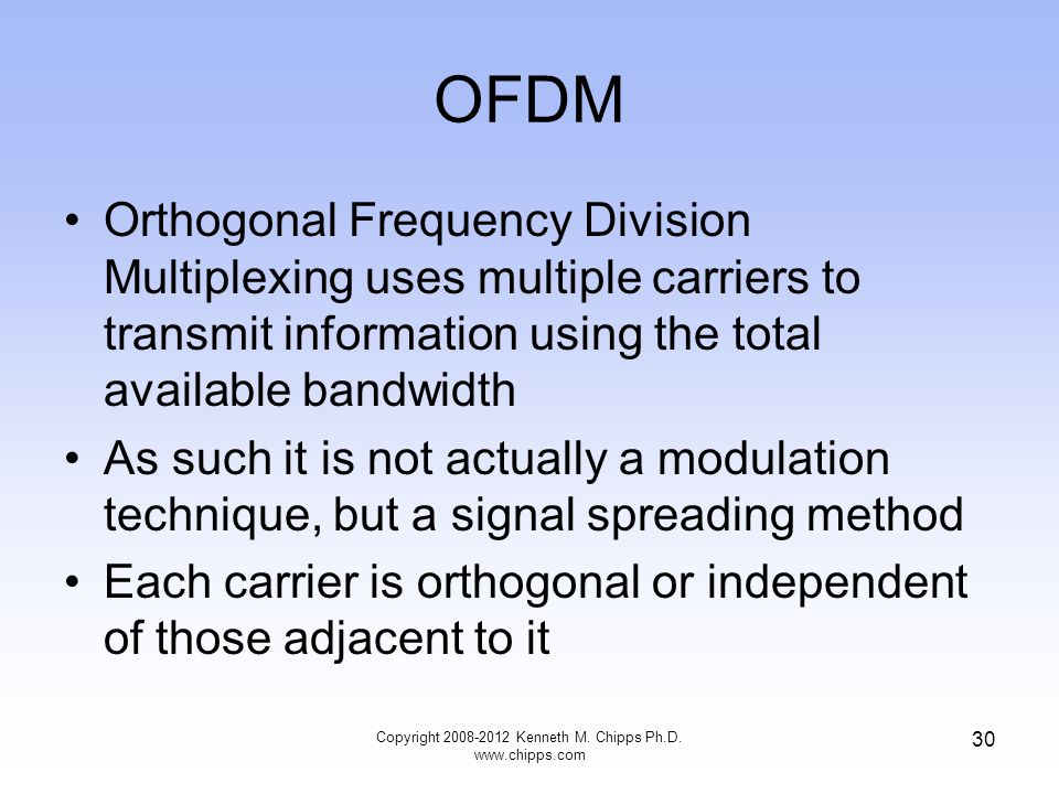 OFDM Orthogonal Frequency Division Multiplexing uses multiple carriers to transmit information using the total available bandwidth As such it is not actually a modulation technique, but a signal spreading method Each carrier is orthogonal or independent of those adjacent to it Copyright Kenneth M.