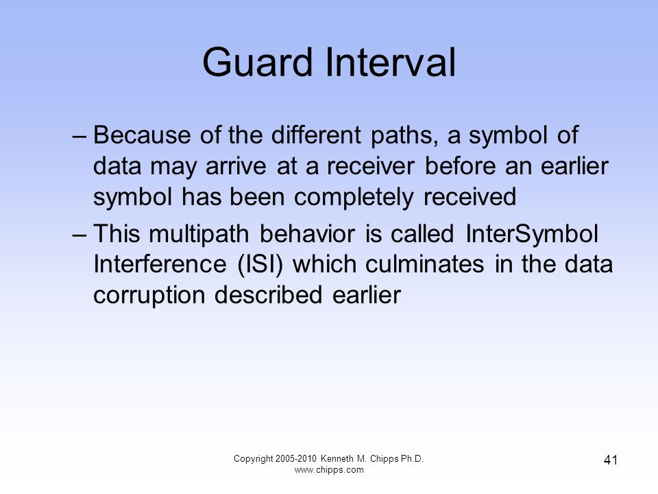 Guard Interval –Because of the different paths, a symbol of data may arrive at a receiver before an earlier symbol has been completely received –This multipath behavior is called InterSymbol Interference (ISI) which culminates in the data corruption described earlier Copyright Kenneth M.