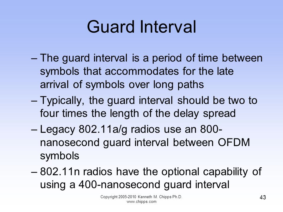 Guard Interval –The guard interval is a period of time between symbols that accommodates for the late arrival of symbols over long paths –Typically, the guard interval should be two to four times the length of the delay spread –Legacy a/g radios use an 800- nanosecond guard interval between OFDM symbols –802.11n radios have the optional capability of using a 400-nanosecond guard interval Copyright Kenneth M.