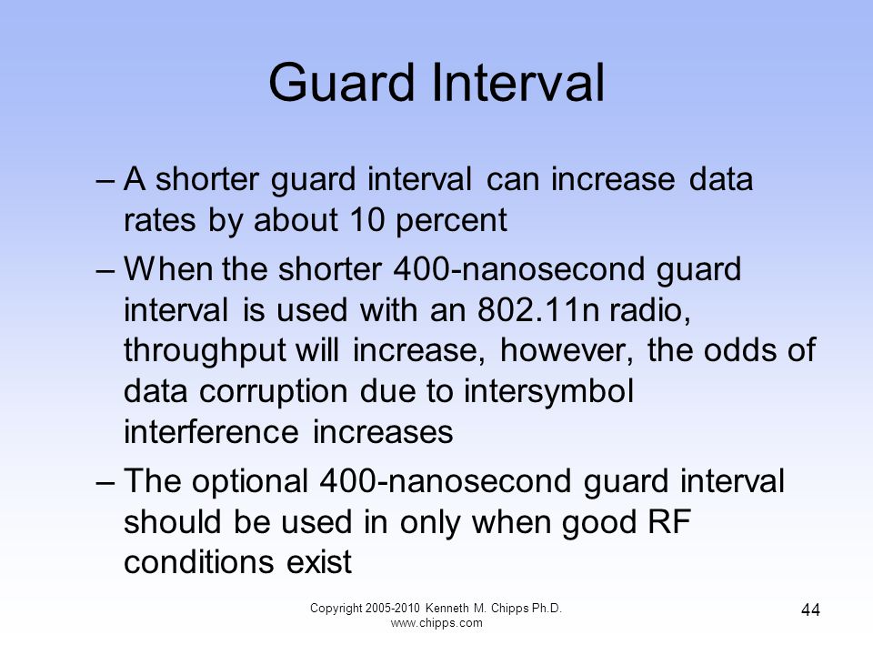Guard Interval –A shorter guard interval can increase data rates by about 10 percent –When the shorter 400-nanosecond guard interval is used with an n radio, throughput will increase, however, the odds of data corruption due to intersymbol interference increases –The optional 400-nanosecond guard interval should be used in only when good RF conditions exist Copyright Kenneth M.